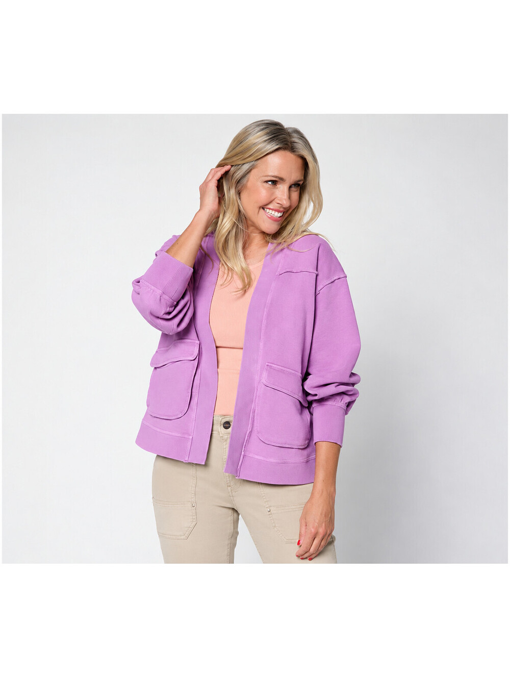 LOGO Lounge by Lori Goldstein Open Front Knit Cardigan with Patch Pockets,Medium